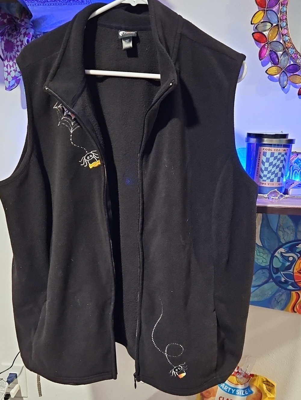 Holiday Editions Black Fleece Vest with Spider Embroidery